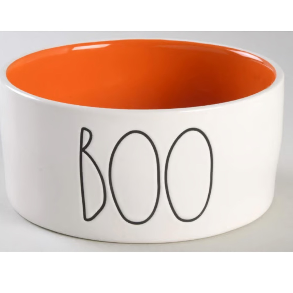 RAE DUNN By Magenta “Boo” Ceramic Dog Bowl New White Orange